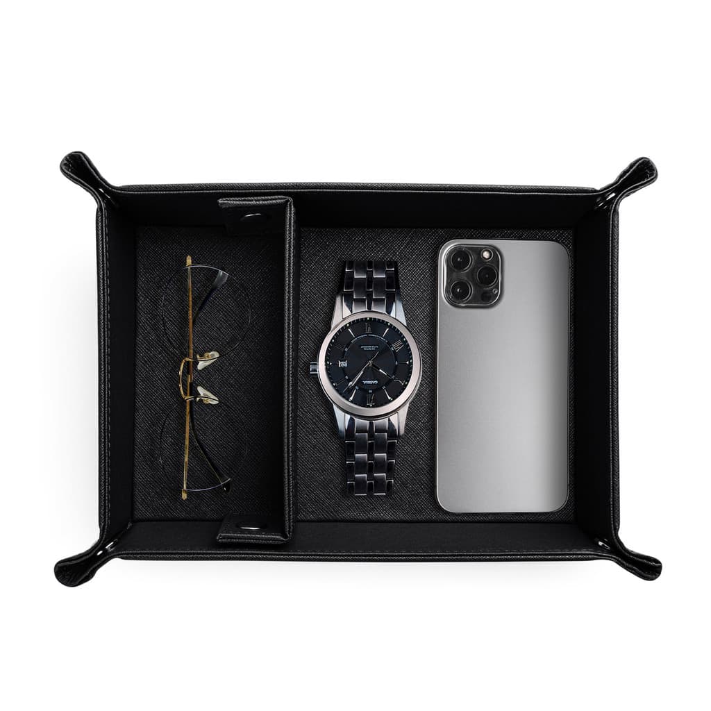 Porta Treco de mesa em Couro PU Sintético Premium Preto Bandeja De Armazenamento De Sundries