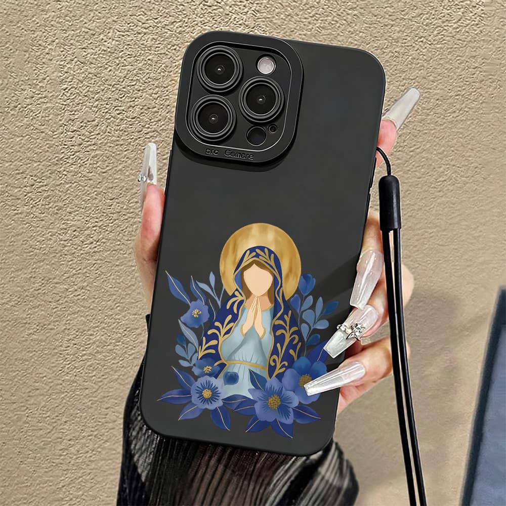 Kit Azul Virgem Maria Capinha Cordão Capa Para IPhone 7 8 X Xs XR 11 12 13 14 15 16 17 Ar Plus Pro Max Caso Normal