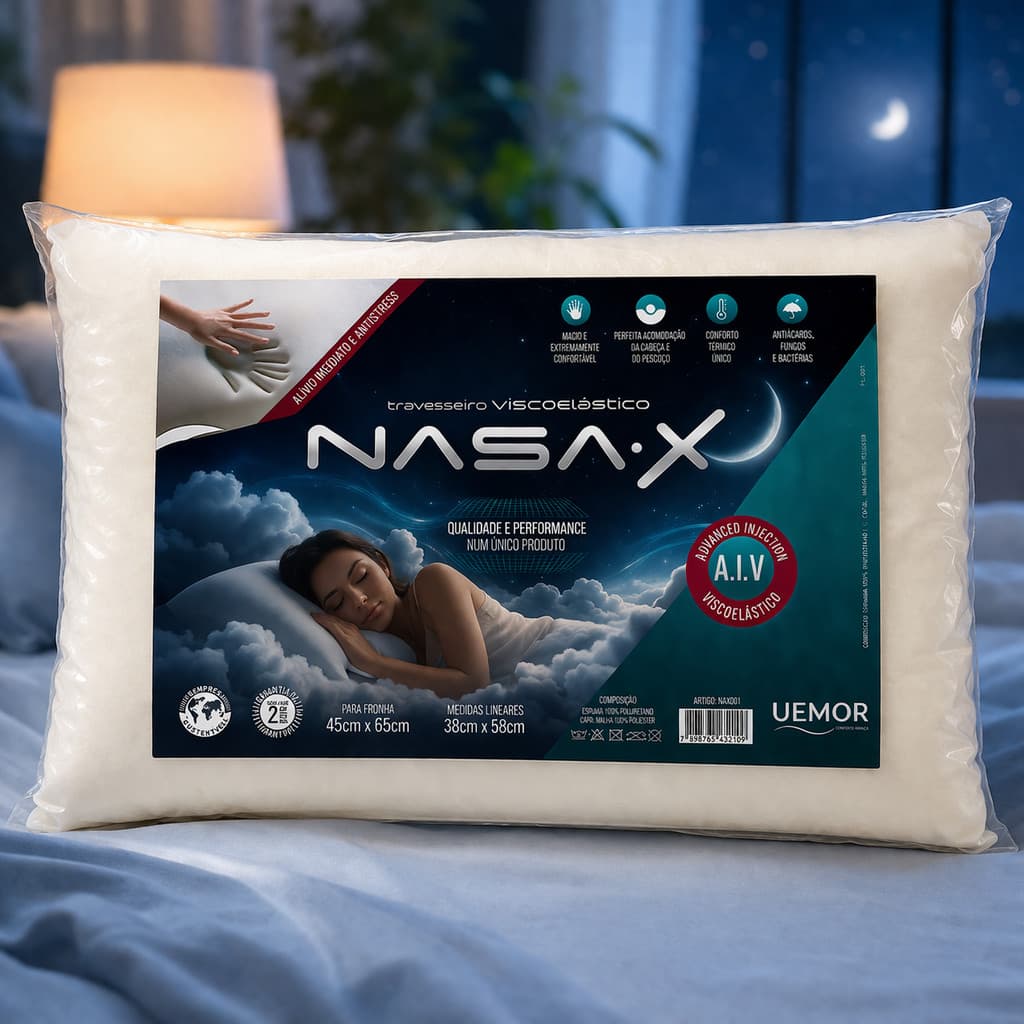 Kit 2 Travesseiros NASA-X Premium Viscoelástico  Antialérgico, Macio e Ergonômico Uemor