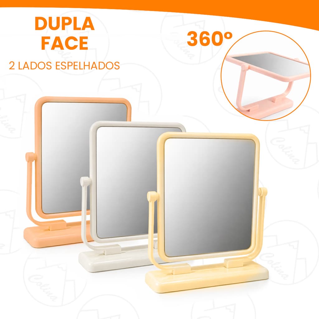 Espelho De Mesa Dupla Face 360° Penteadeira Maquiagem Com Base Giratório Portátil 14cm x 12cm