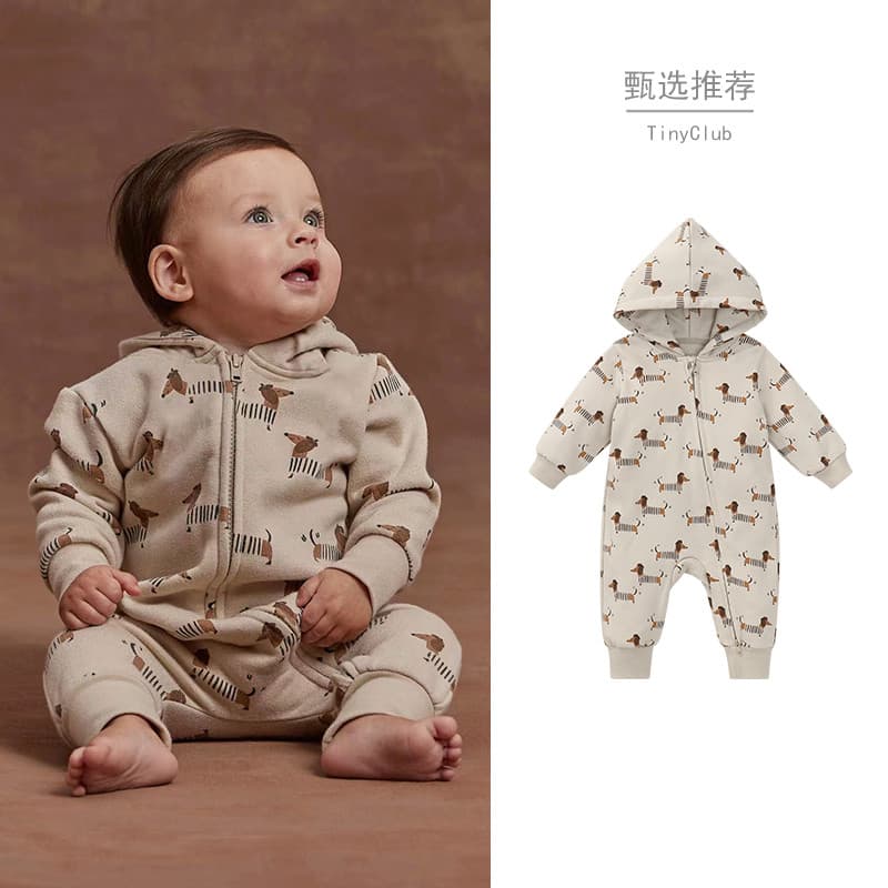 Influenciador ins estilo roupas de bebê macacão de algodão puro com zíper primavera outono bebê bonito passeio com capuz