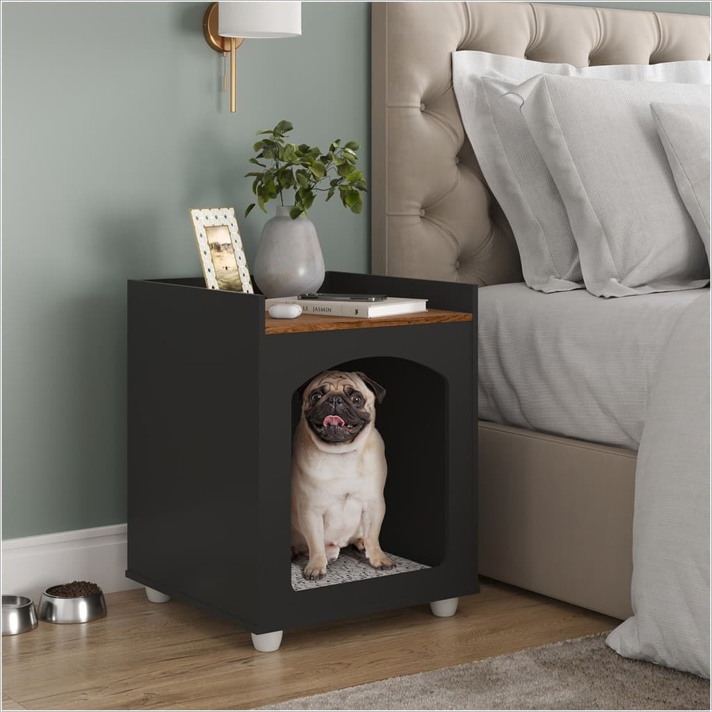 Mesa de Cabeceira Casinha de Cachorro/Gato PET Preto/Freijó Ofertamo