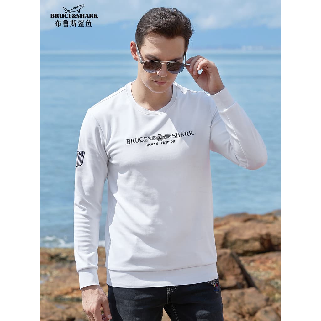 Primavera outono masculino de manga comprida camiseta Bruce Shark Street Wear masculino solto tamanho grande grosso bord