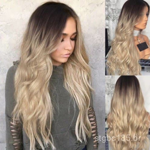 Novo cabelo longo cacheado com risca ao meio, estilo europeu e americano, tingido em uma cor dourada em degradê, cabelo