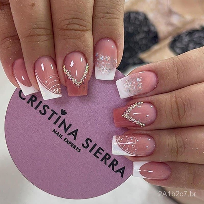 Unhas postiças simples de estilo francês para meninas delicadas, com glitter e strass brilhantes, conjunto de 24 peças e