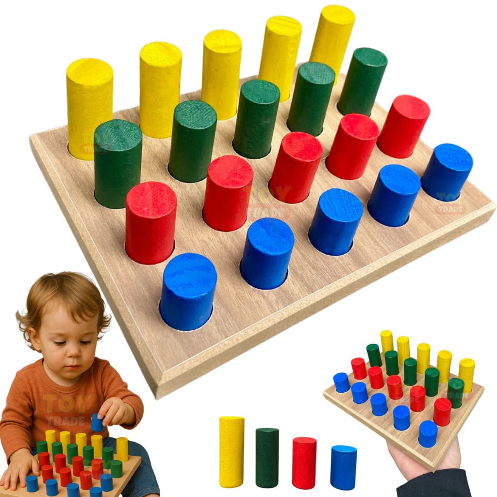 Jogo de Encaixe Pinos Coloridos Madeira Brinquedo Montessori Didáticos Educativo Infantil