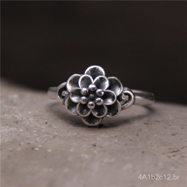 Anel Artístico Vintage de Prata S925 Fanyin, Anel Aberto Elegante com Pequena Flor em Prata Tailandesa para Mulheres