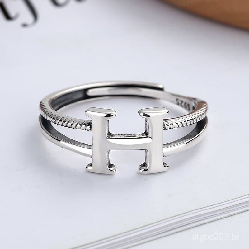 Anel Feminino Elegante Yunchaoxuan em Prata Esterlina S925, Dupla Camada, Letra H, Estilo Coreano Simples e Moderno