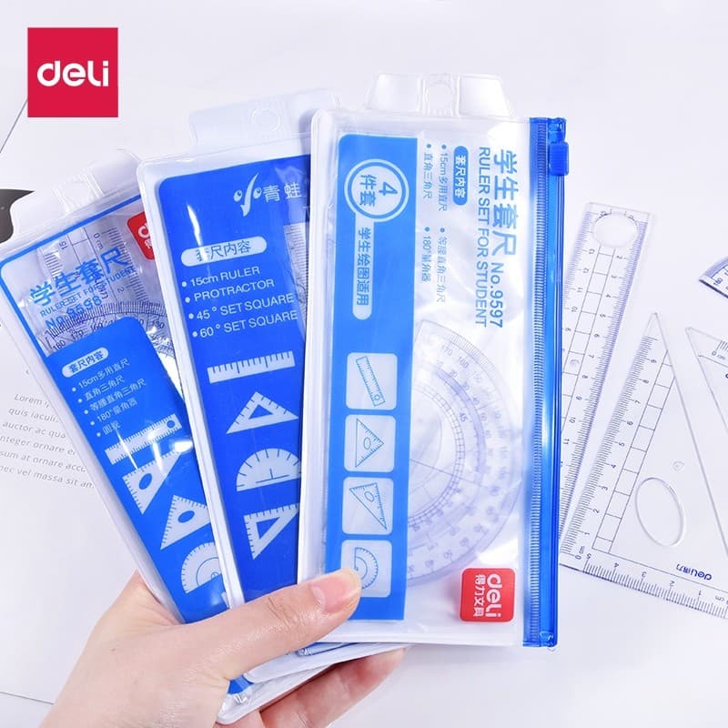 Deli 9597 Conjunto de régua multifuncional para estudantes Régua de 15 cm Régua triangular de plástico Régua transferido