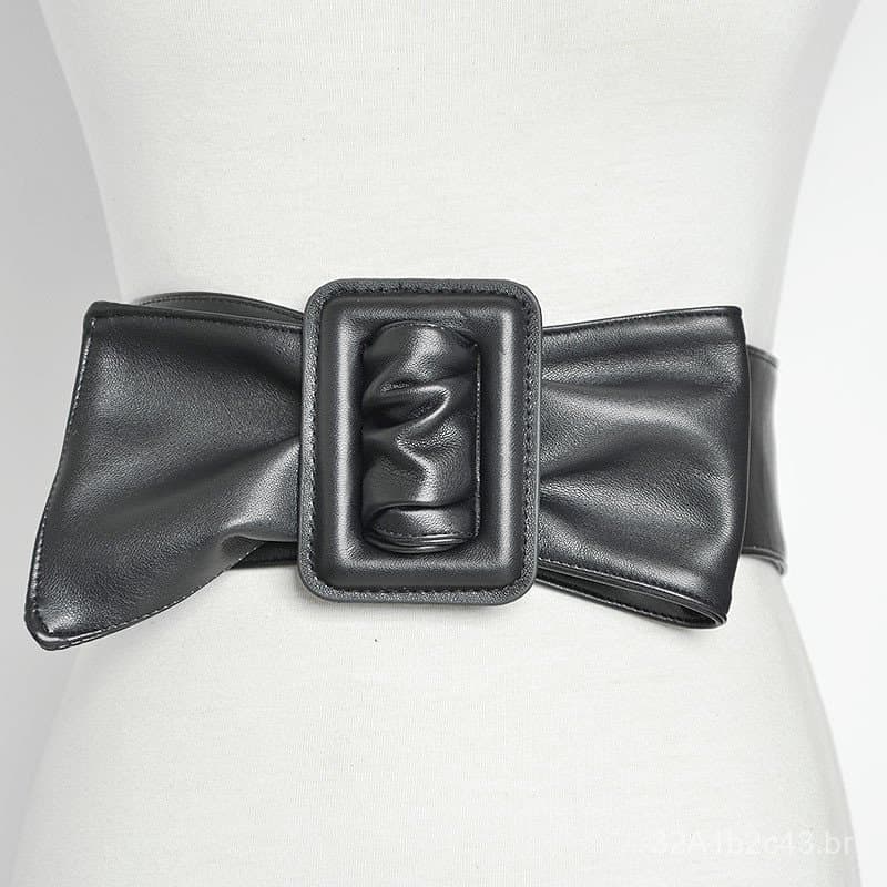Cinto largo preto de couro sintético PU para mulheres, para outono e inverno, simples, decorativo e versátil, ideal para