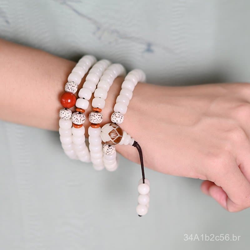 Pulseira Budista de 108 Contas de Jade Branco Bodhi, Estilo Étnico Retrô Artístico, Pulseira de Lótus para Homens e Mulh