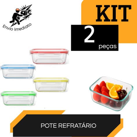 Kit 2 Pote de Vidro Refratário 1040ml com Tampa Hermética  Freezer e Micro-ondas