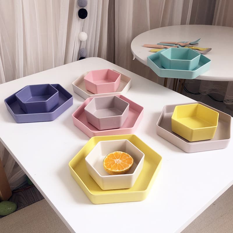 Crianças criativo Hexagonal prato profundo tigela garfo colher Macaron cor jardim de infância comida complementar conjun
