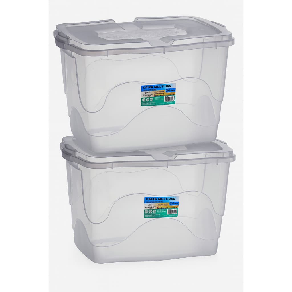 Kit 2 Caixas Organizadoras Plásticas 34L com Tampa Transparente Empilhável Multiuso Grande