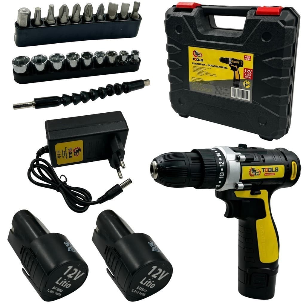 Parafusadeira Furadeira Sem Fio 12v 1350 Rpm Com 2 Baterias + Pilhas