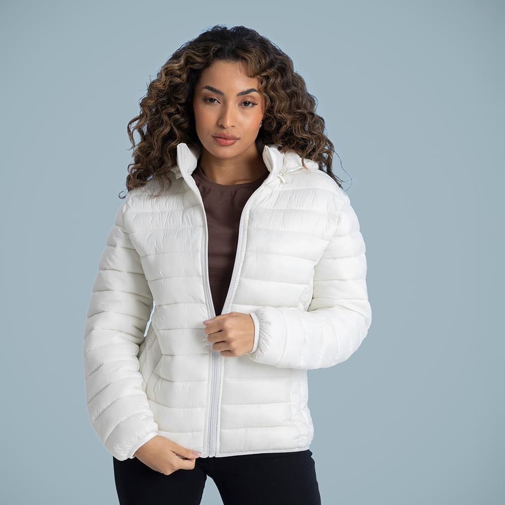 Jaqueta Puffer Feminina Gola Alta Off White Com Capuz Removível