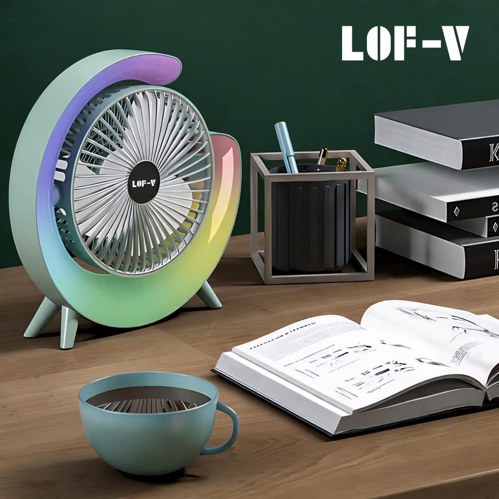 Mini Ventilador de Mesa Portátil LED RGB Recarregável Silencioso 3 Velocidades Escritorio Casa