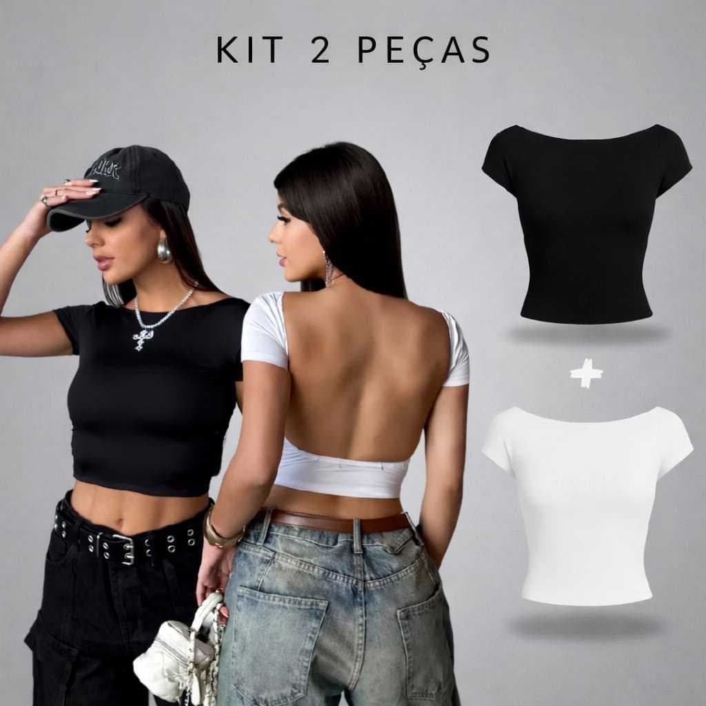KIT 2  Cropped Feminino Blusa Costa Nua Baby Tee Básico Casual Tecido Suplex Premiun Frente Dupla Moda Gringa