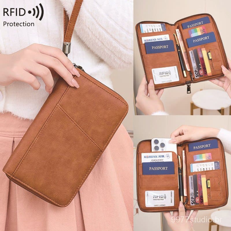 Novo porta-passaporte anti-scan RFID, carteira de passaporte de grande capacidade, organizador de documentos de viagem m