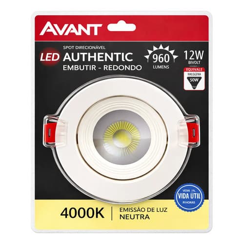 Spot Led Redondo 12W Direcionável Bivolt 4000K Avant Branco Neutro Embutir Teto Luz Neutra
