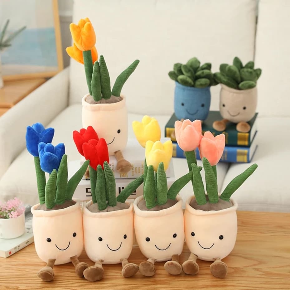 Pelúcia Vaso De Flor Decoração 22Cms Suculenta Cacto Cogumelo Margarida - Azul Rosa Amarelo Vermelho