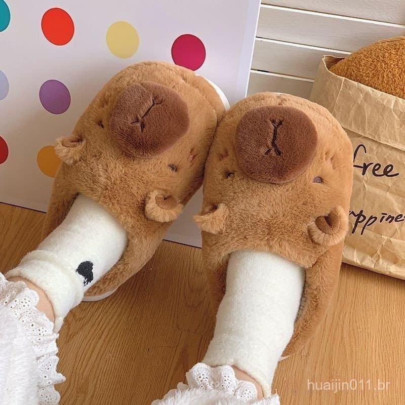 Chinelos de Algodão Novo Estilo Merda-Piso Capivara para Mulheres e Homens, Uso Externo de Inverno para Casais, Lã A