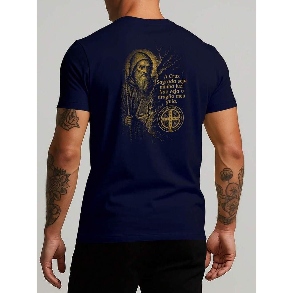 Camiseta Católica Masculina Medalha de São Bento Religiosa 100% Algodão