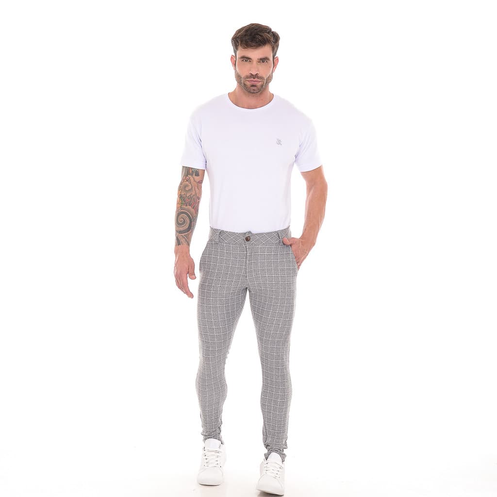 Calça Masculina Slim Fit Xadrez Premium Casual Social