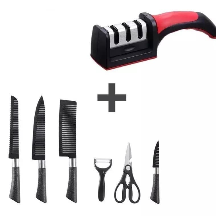 Kit 6 Peças Facas Churrasco Profissional Antiaderente + Amolador