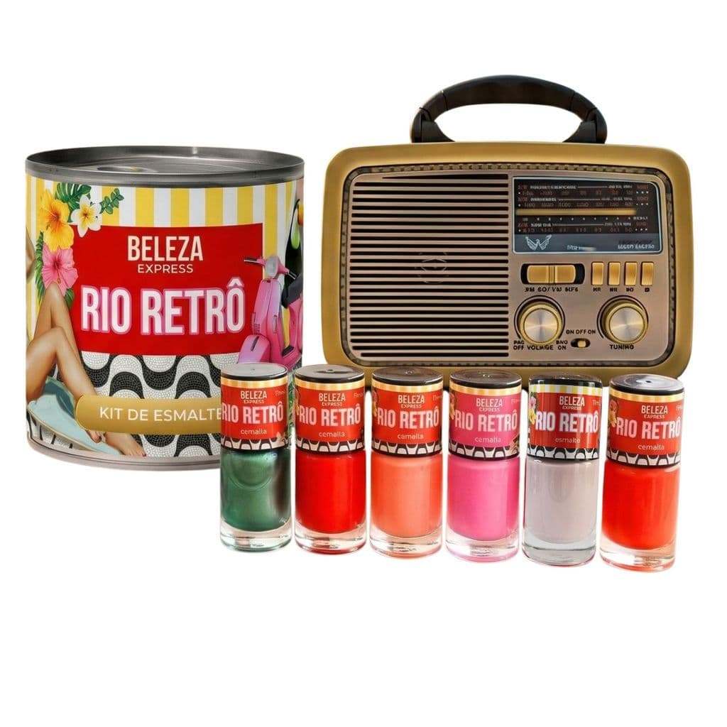 Kit presente Rio Retrô 6 esmaltes, lata e radio bluetooth