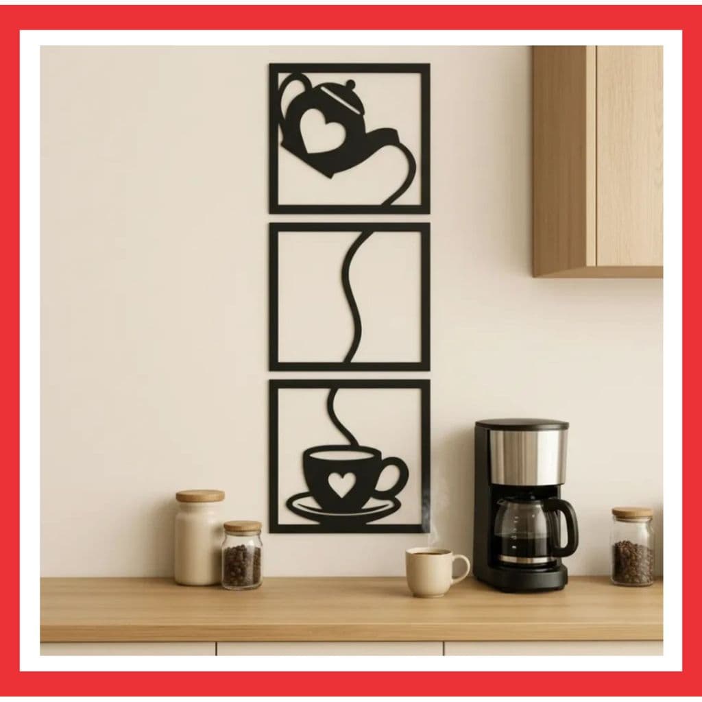 Kit 3 Quadros Decorativos Cozinha MDF Preto Fosco Cantinho Do Café 20x18cm Bule Xícara Coração