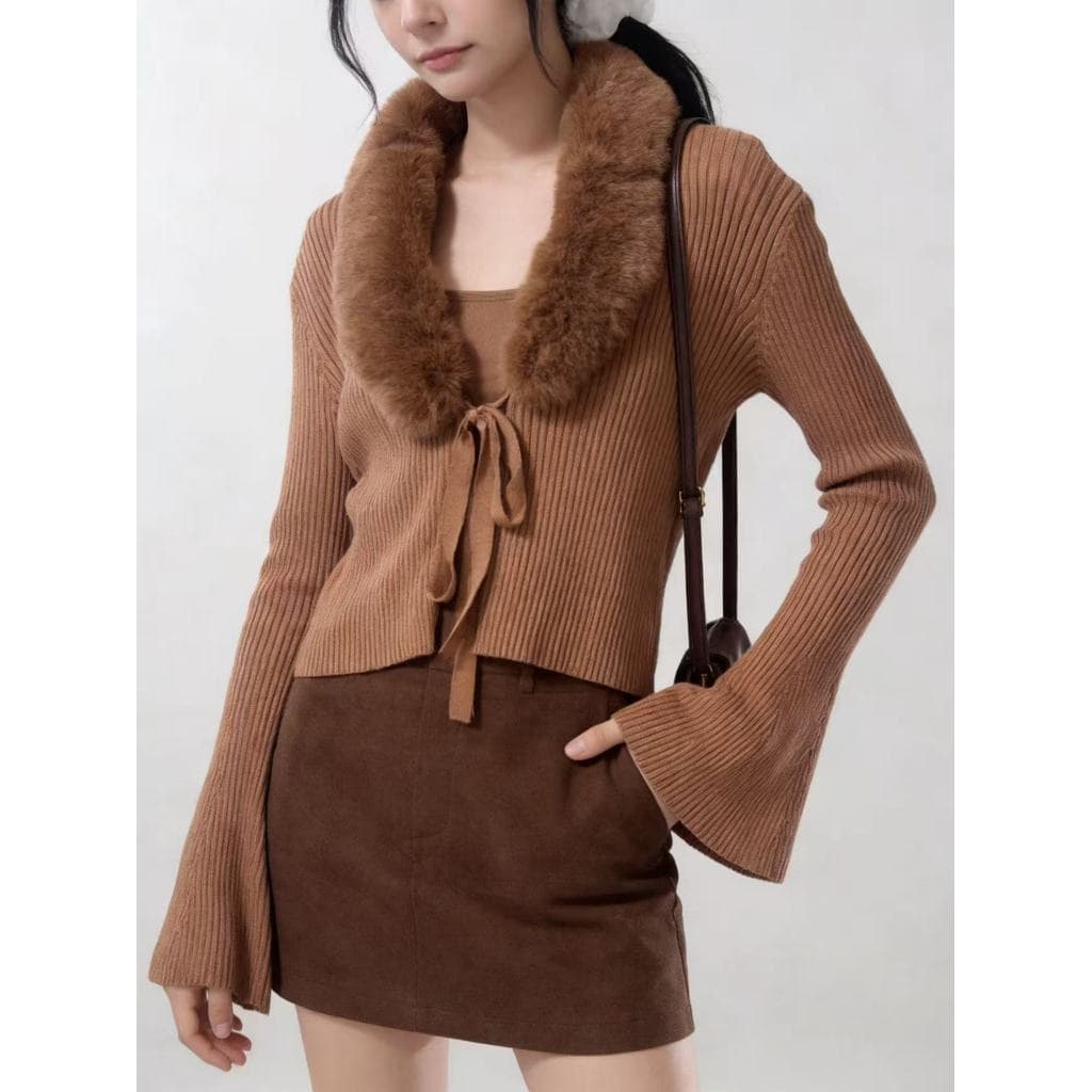 Cardigan de malha de manga longa em cor sólida, curto, cintura alta, com gola de pelos retrô