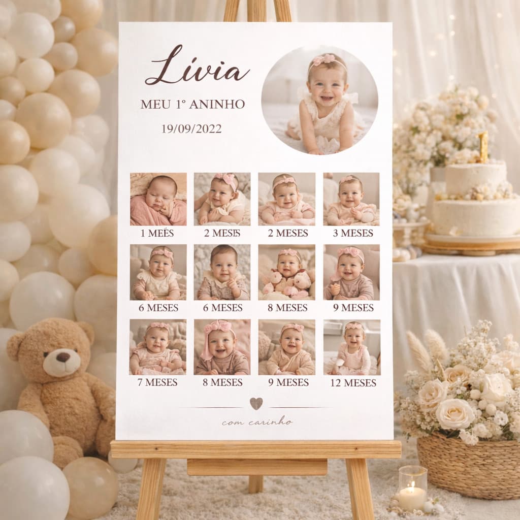 Placa decorativa personalizada para  de aniversário de 1 ano, em MDF, com espaço para fotos e registro dos meses do bebê