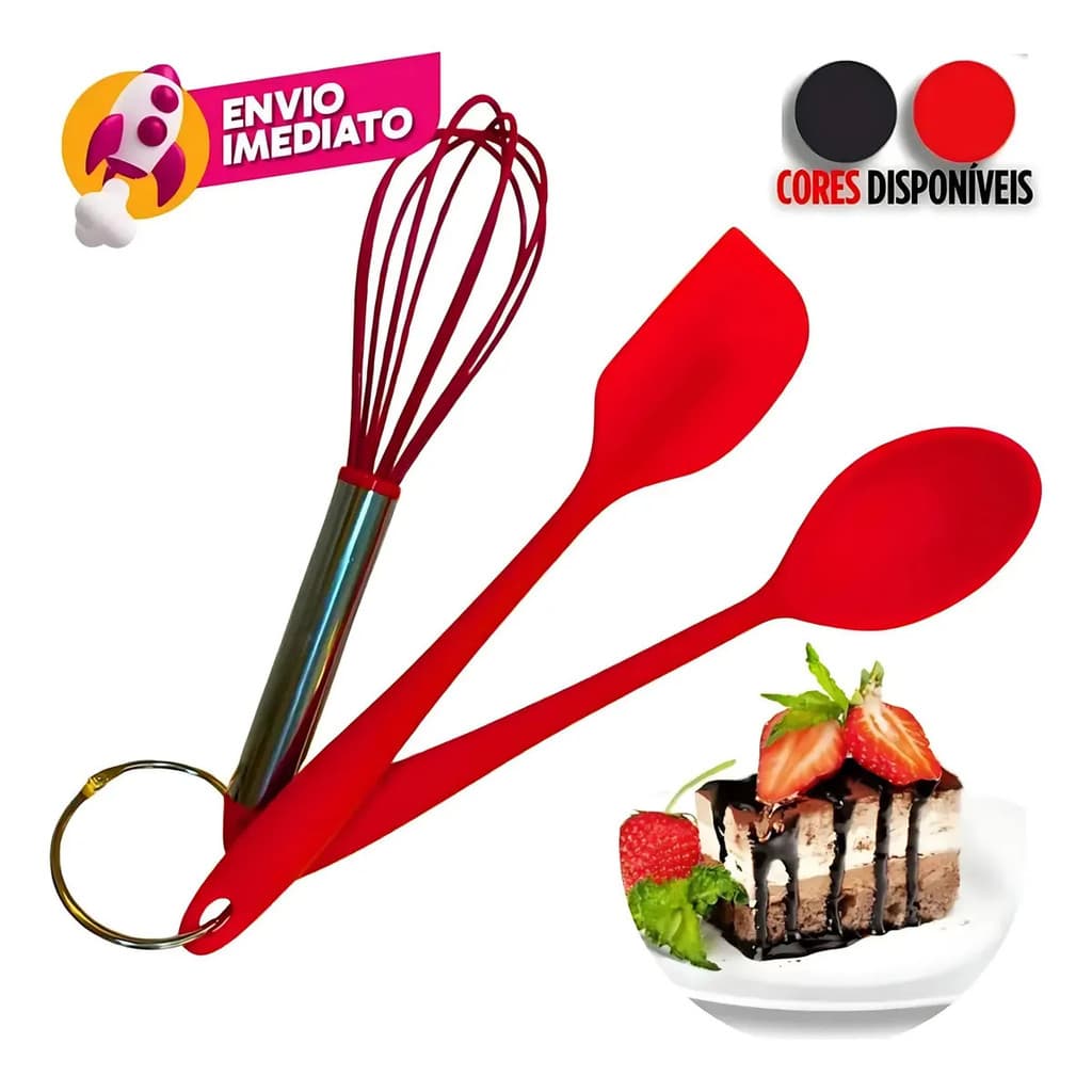 Kit Espátula Batedor Fouet E Concha Silicone Utensílios 3 Pc
