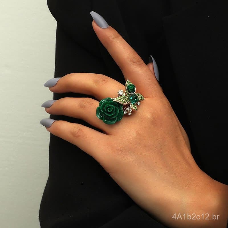 Anel de flor de rosa de alta qualidade, anel de borboleta em estilo étnico, joia de mão vintage boêmia em liga metálica,