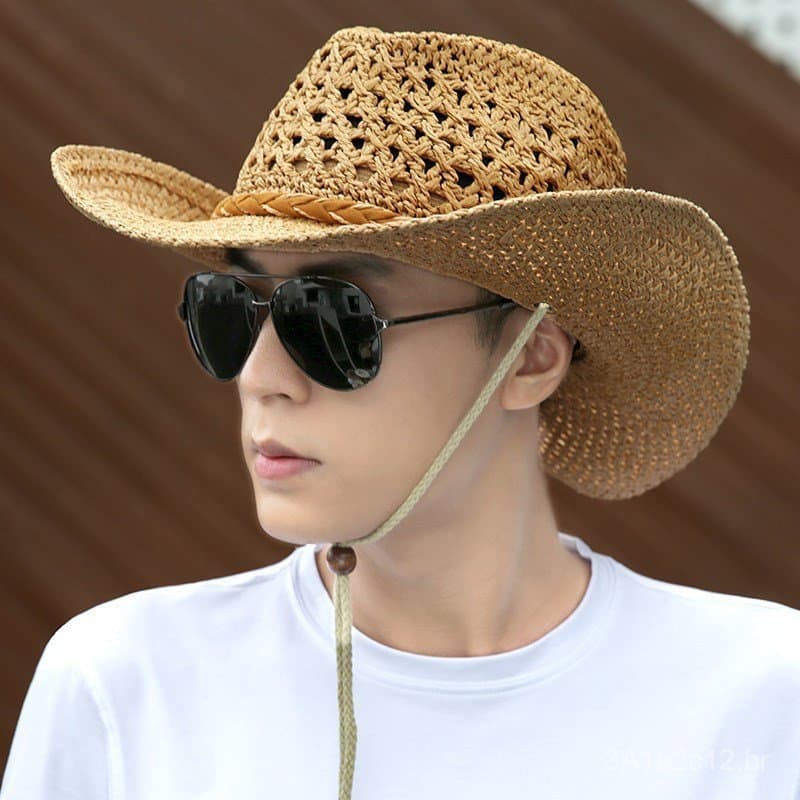 Chapéu de palha para homens, chapéu de praia de verão, chapéu de cowboy estilo western, chapéu masculino com aba larga p