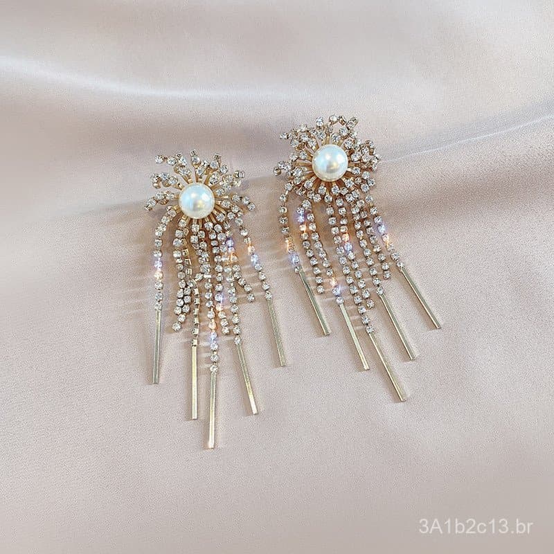 Brincos femininos de prata 925 com borlas em formato de fogos de artifício, cravejados de diamantes, estilo luxo leve co
