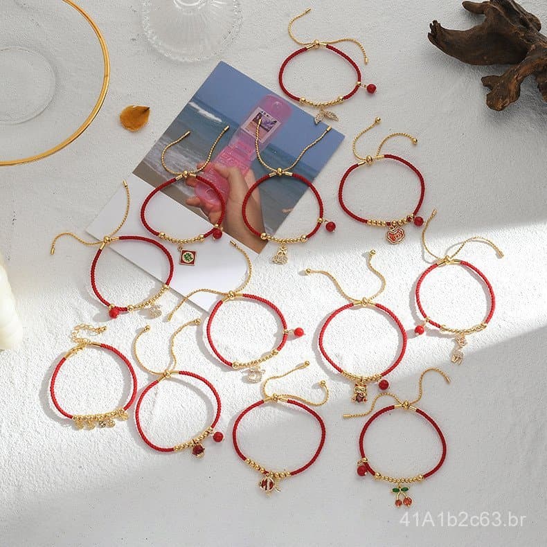 Pulseira ajustável de corda vermelha com o signo do zodíaco do Touro, pingente de cereja em zircônia banhado a ouro, fei
