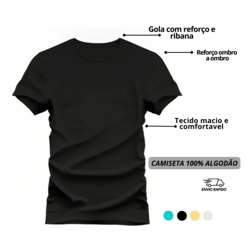 Camiseta Básica 100% Algodão Unissex Reforço Ombro A Ombro