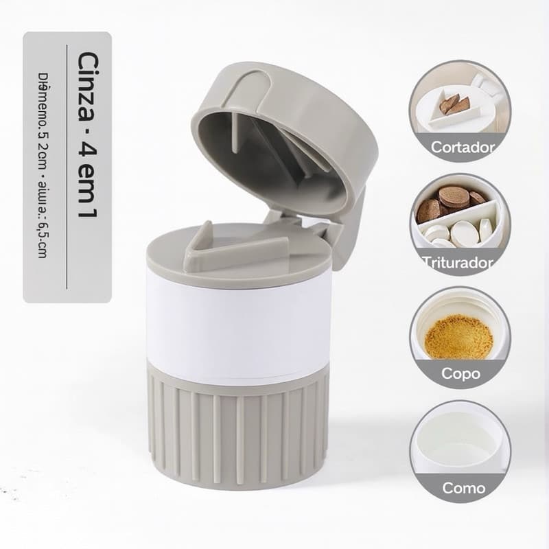 Cortador e Triturador de Comprimidos 4 em 1 com Porta-Remédios e Copo – Uso Doméstico e Portátil