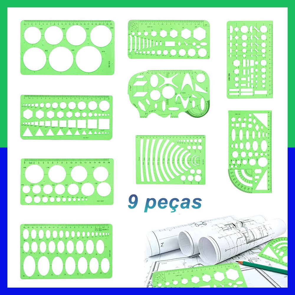 9 peças de régua medição de modelo desenho geométrico,régua de plástico verde,portátil,para estudar,projetar e construir