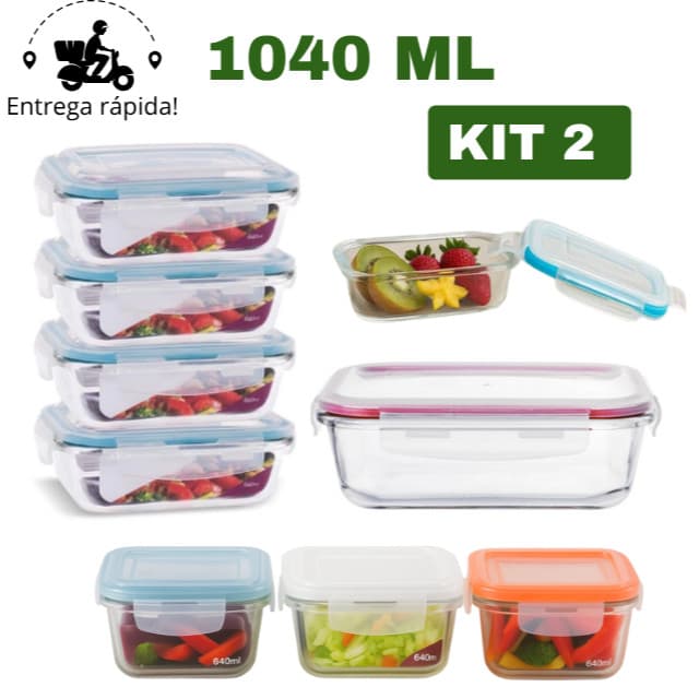 KIT 2 Potes de Vidro Refratário com Tampa 1040 ML Freezer e Micro-Ondas