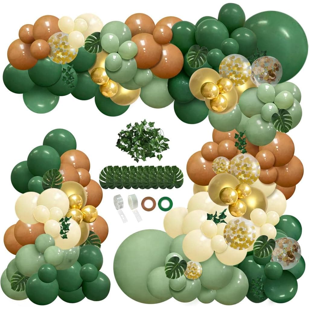 142Pcs Kit Baloes Retro Verde Oliva Cafe Dourado 18" 12" 10" 5" Folhas Acessorios Arco Selva Safari Aniversario Infantil