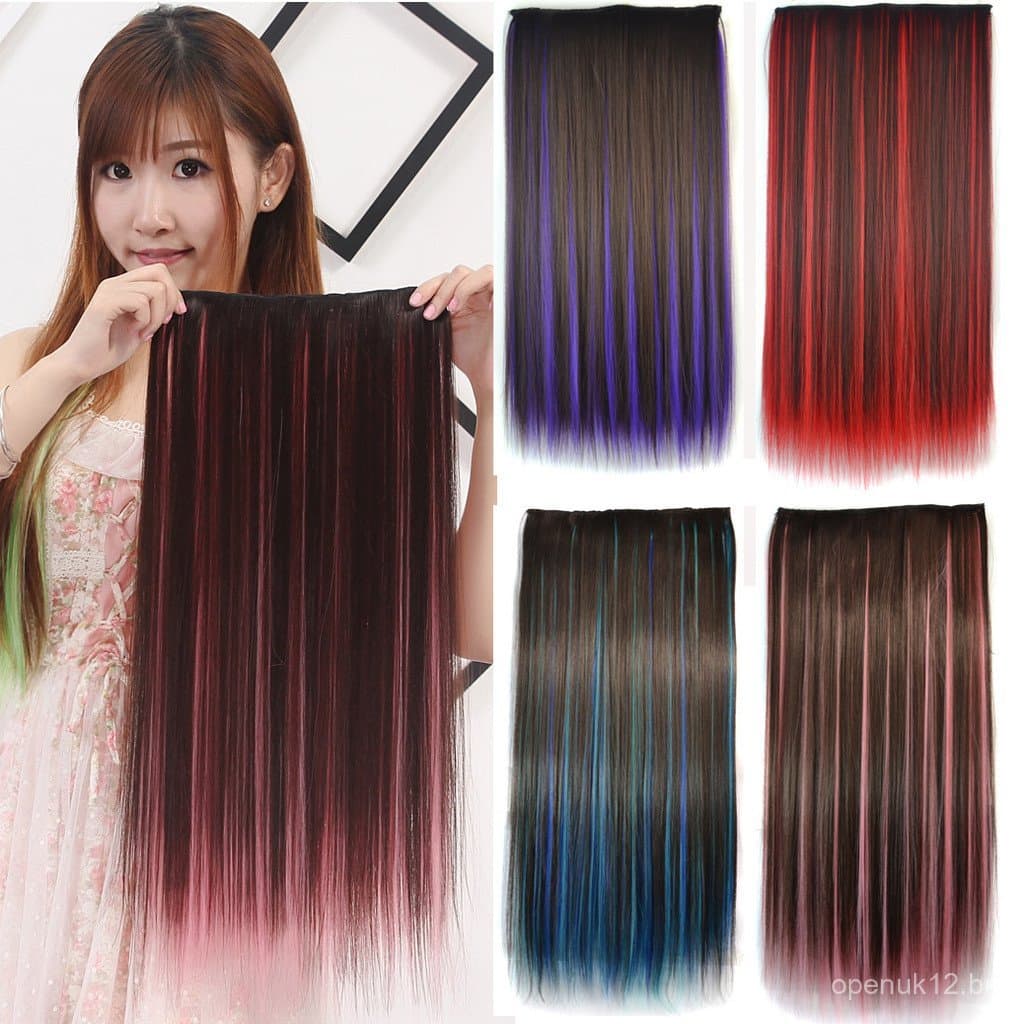 Extensões de cabelo liso com mechas coloridas para mulheres, extensões de cabelo de peça única, extensões de cabelo com