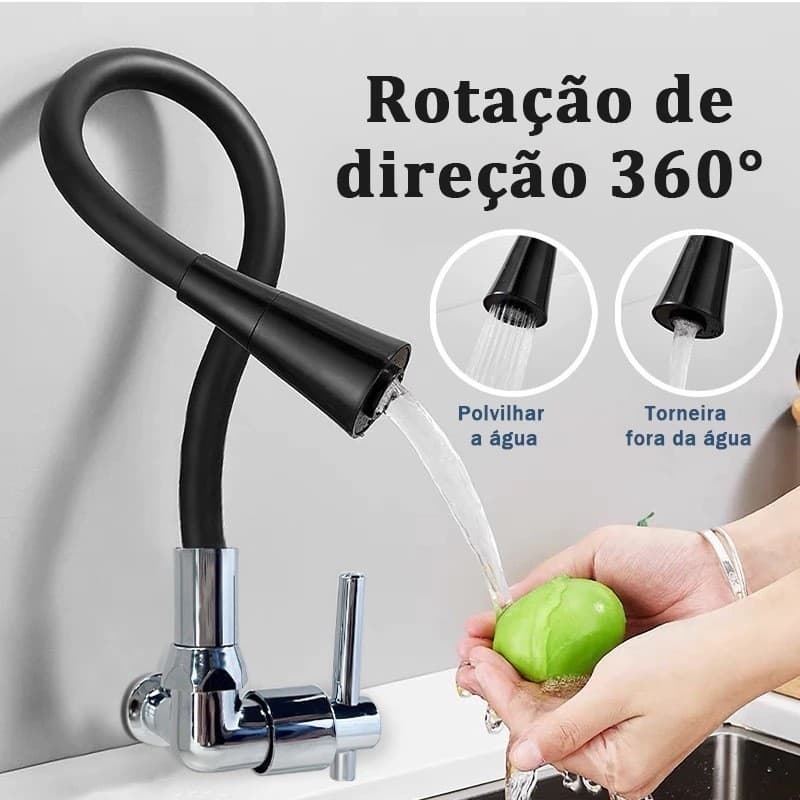 Torneira Parede Cozinha Gourmet Preta Flexivel 2 Jatos 1/4 de Volta Para Mesa Pia Bancada e Mármore Moby