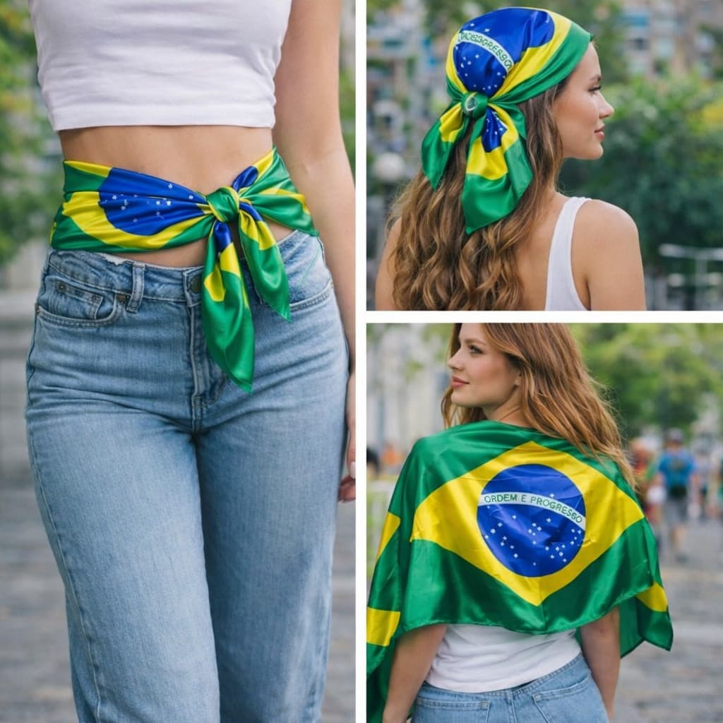 Lenço Brasil 90x90/50x50cm Bandeira Bandana Cetim Feminino Unissex Multiuso Torcida