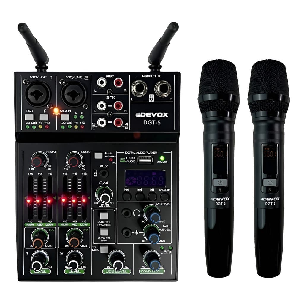 Mesa De Som + 2 Mic Sem Fio Devox Dgt-5 Efeitos Usb Phanton
