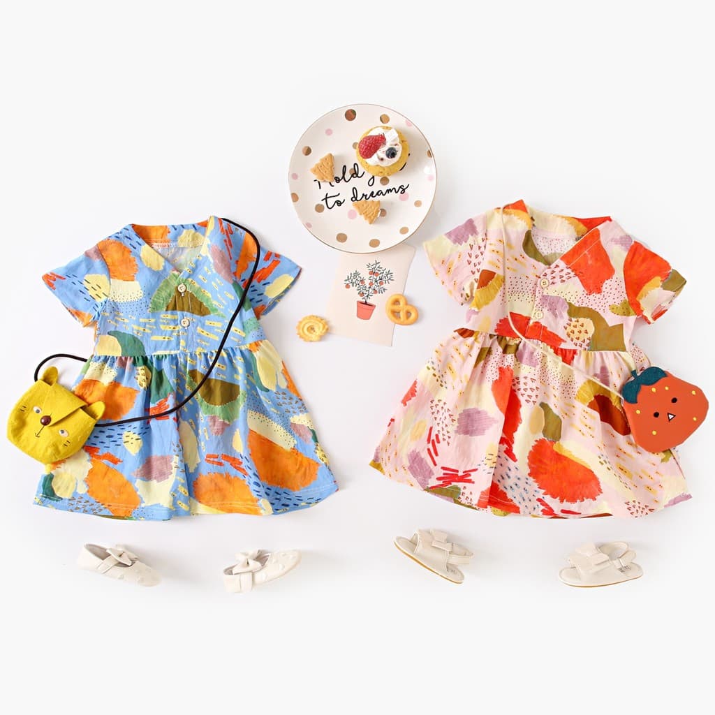 Meninas vestido Floral bebê menina vestido de verão manga curta versão coreana crianças saia de praia Retro Cross-Border