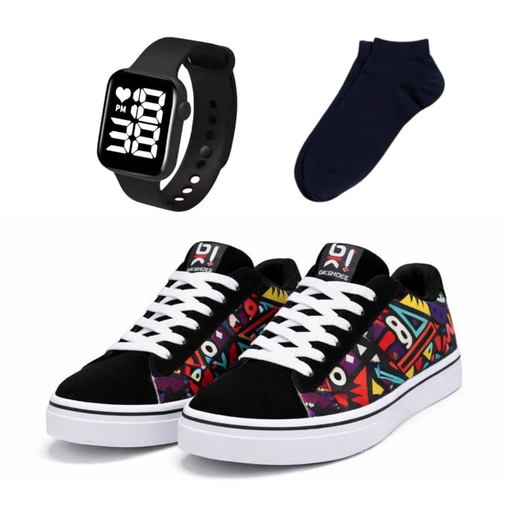 Kit Tênis Masculino Estampado Relógio Digital LED Meia Confortável Casual Fashion