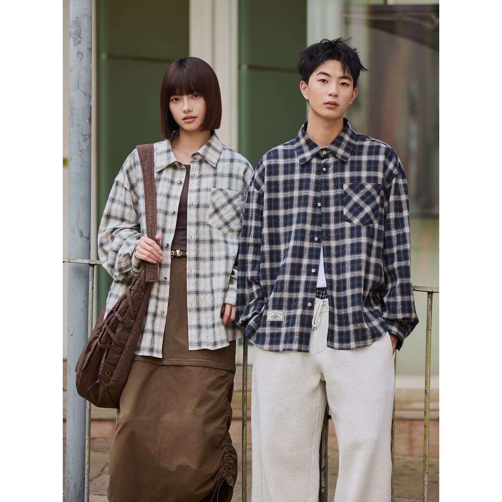 PSO marca masculina feminina americana Retro xadrez camisa feminina de manga comprida xadrez jaqueta outono na moda
